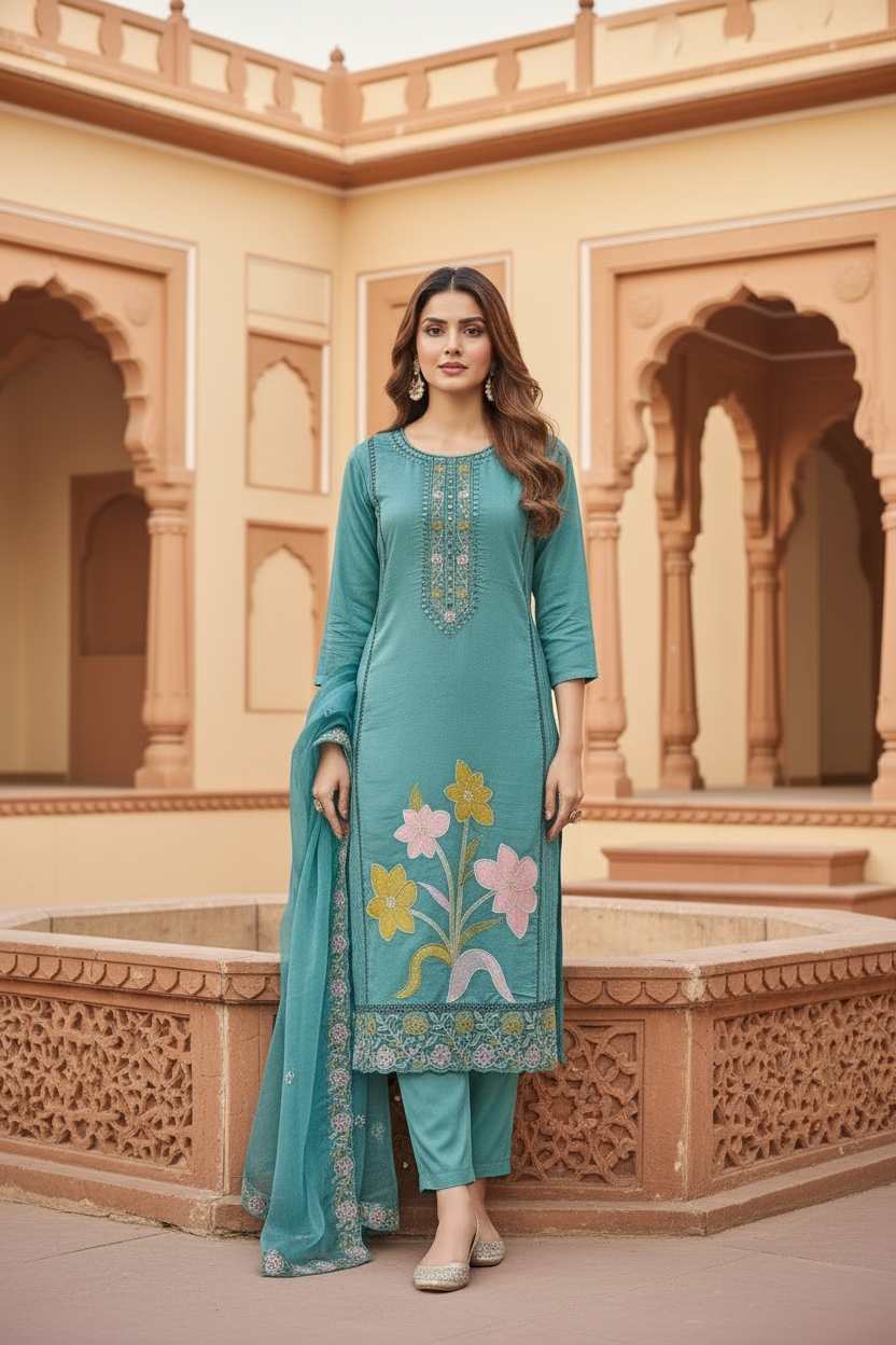 Pheran Teal Green Floral Embroidered Satin Silk Kurta Set with Dupatta (A2-TGS-SU)