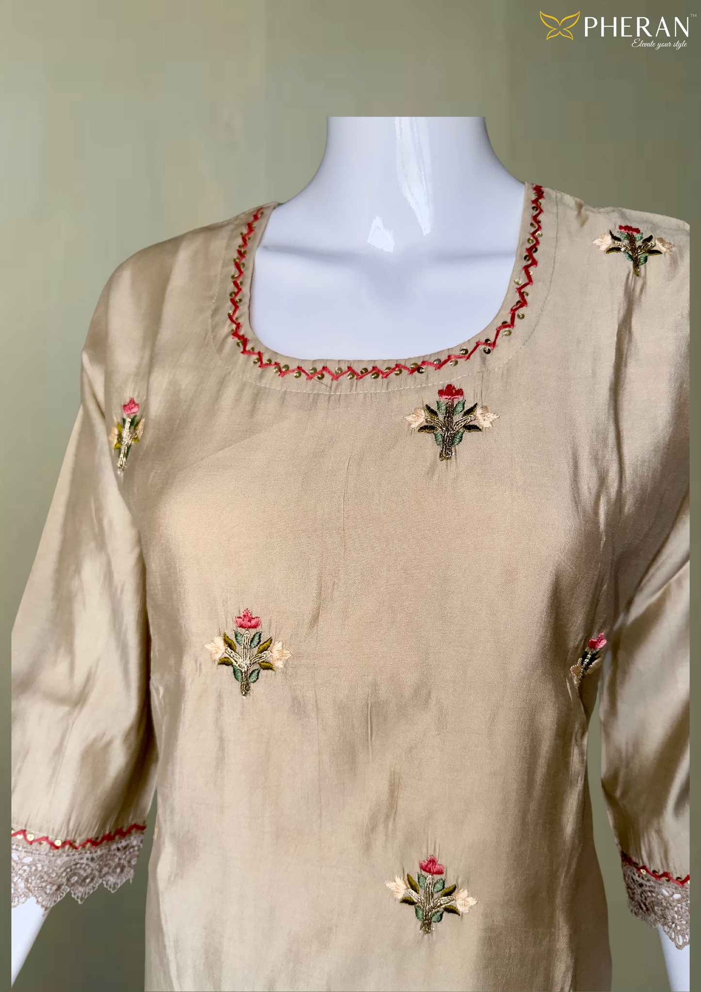Pheran Beige Floral Embroidered Kurta Set with Light Pink Dupatta (A2-BEP-SU)