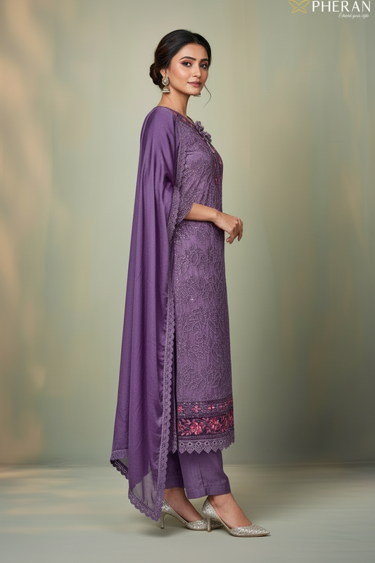 Pheran Mauve Or Purple Embroidered Kurta Set with Dupatta (A2-PRM-SU)