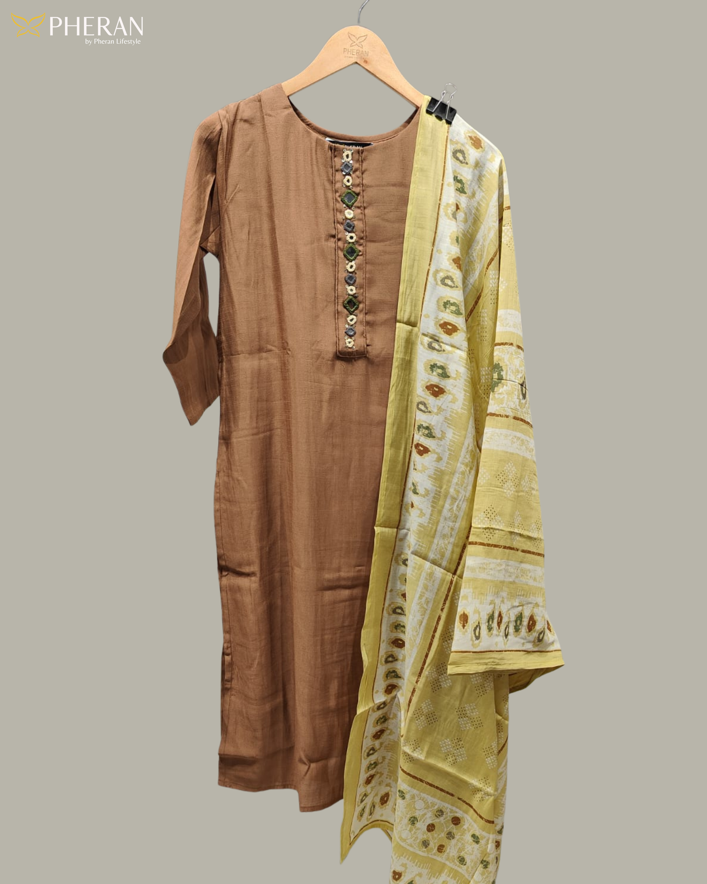 Pheran Women's Brown and Sunshine Print Modal Suit Set AM85