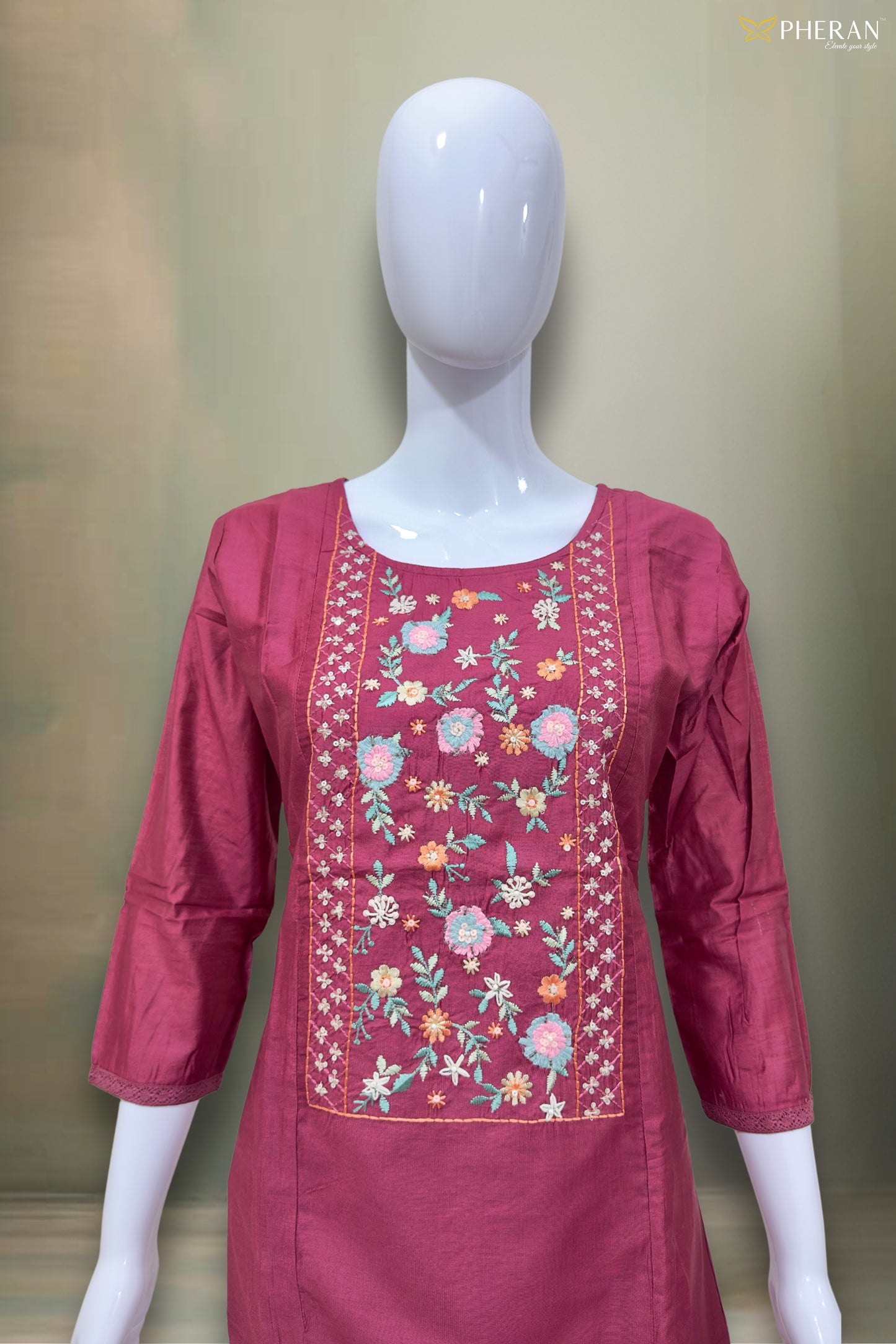Pheran Deep Maroon Floral Embroidered Kurta Set with Dupatta (SV-KL72-MN)