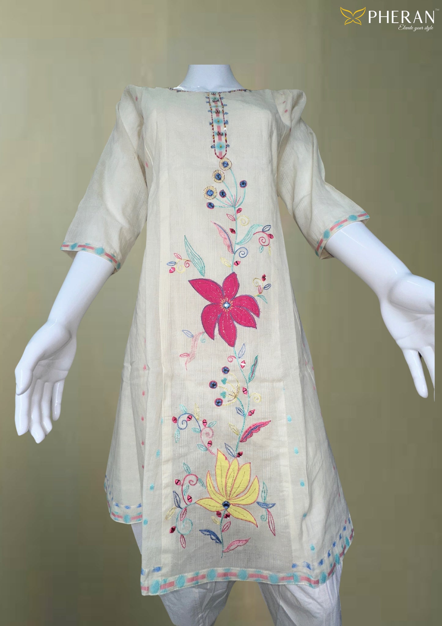 Pheran Cream Cotton Floral Embroidered Kurta Set with Dupatta (BO-DN-107)