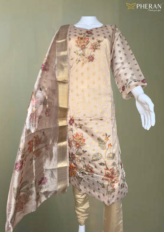 Pheran Beige Floral Embroidered Kurta Set with Printed Dupatta (A2-BE-SU)