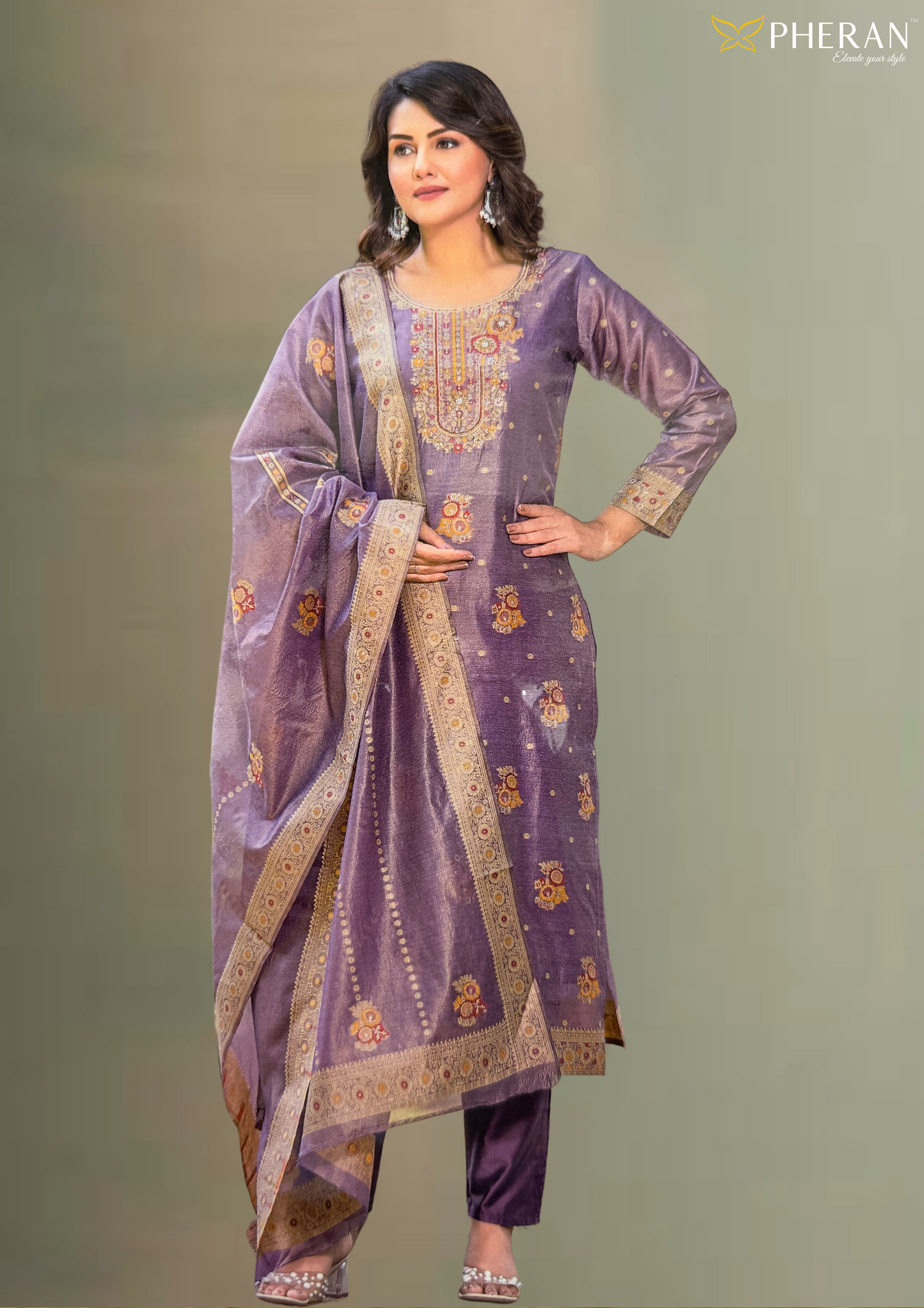 Pheran Exquisite Purple Embroidered Set (Kurta + Pant + Dupatta) BO-A1-0106