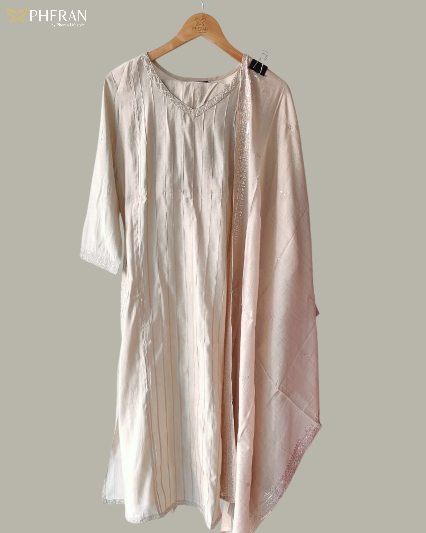 Pheran Women's Elegant Beige Suit Set with Silver Detailing AM76