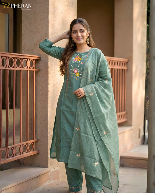 Pheran Verdant Green Embroidered Kurta Set with Dupatta (SV-KL75-GN)