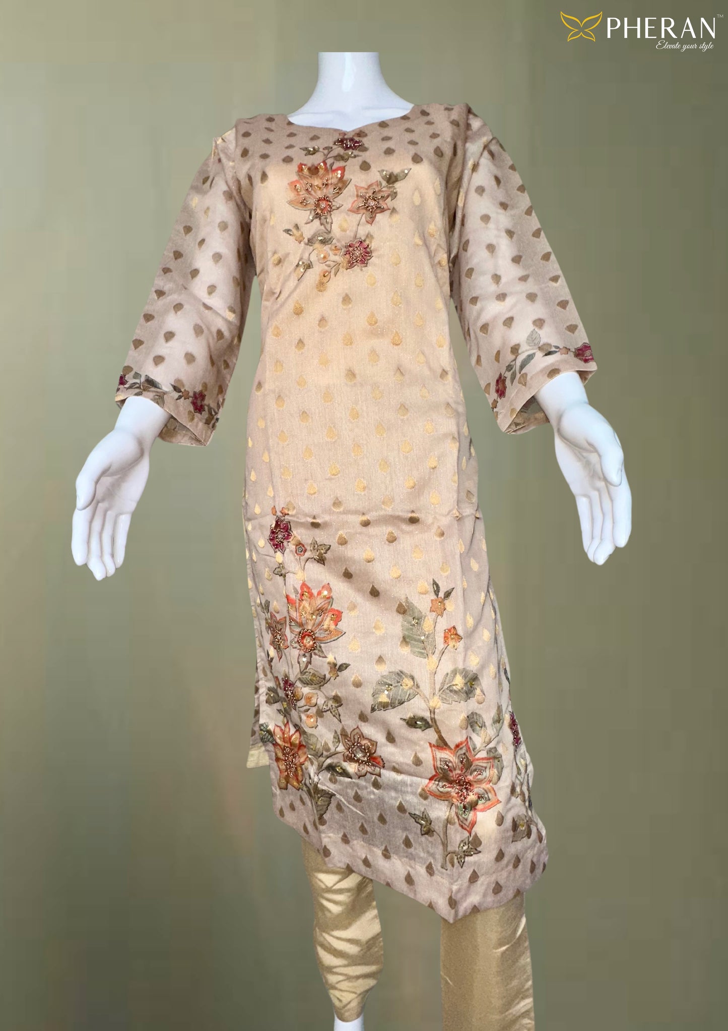 Pheran Beige Floral Embroidered Kurta Set with Printed Dupatta (A2-BE-SU)