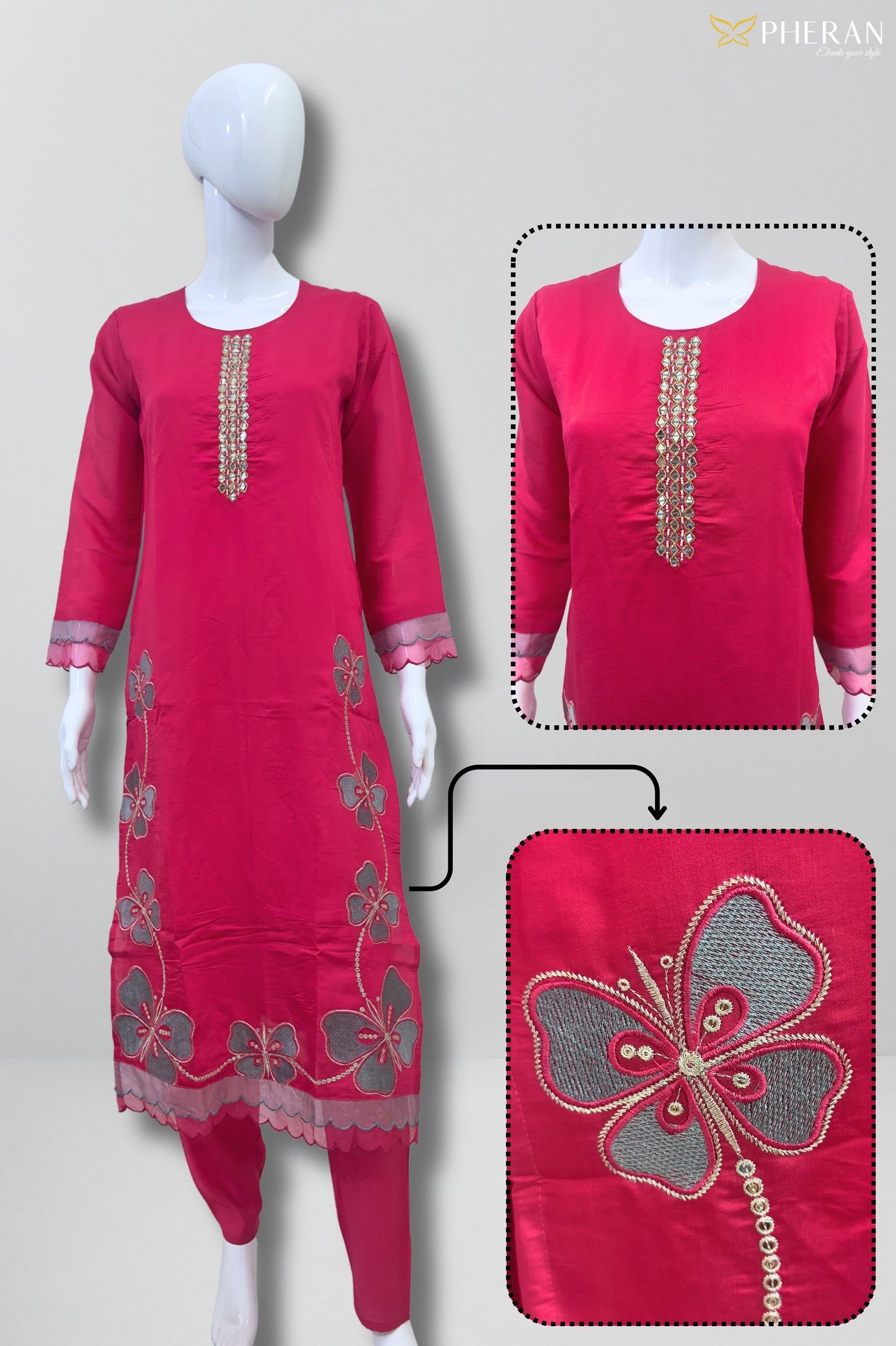 Pheran Pink Butterfly Embroidered Kurta Set with Delicate Organza Dupatta (A2-9PK-95S)