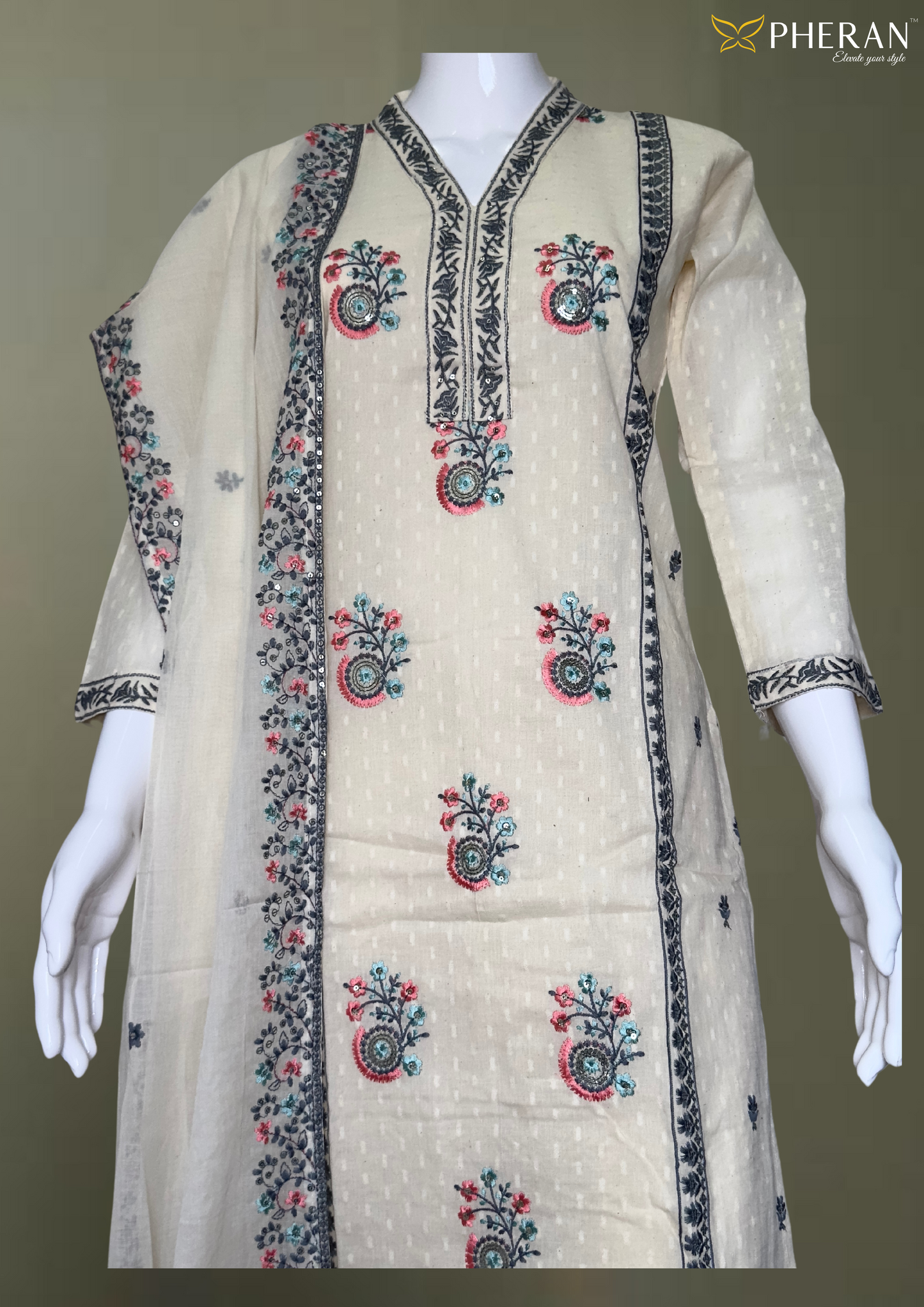 Pheran Ivory Cotton Floral Embroidered Kurta Set with Dupatta (BO-KR-CR)