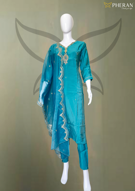 Pheran Women Teal Embroidered Kurta Set with Trousers and Dupatta (BO-DN-816)