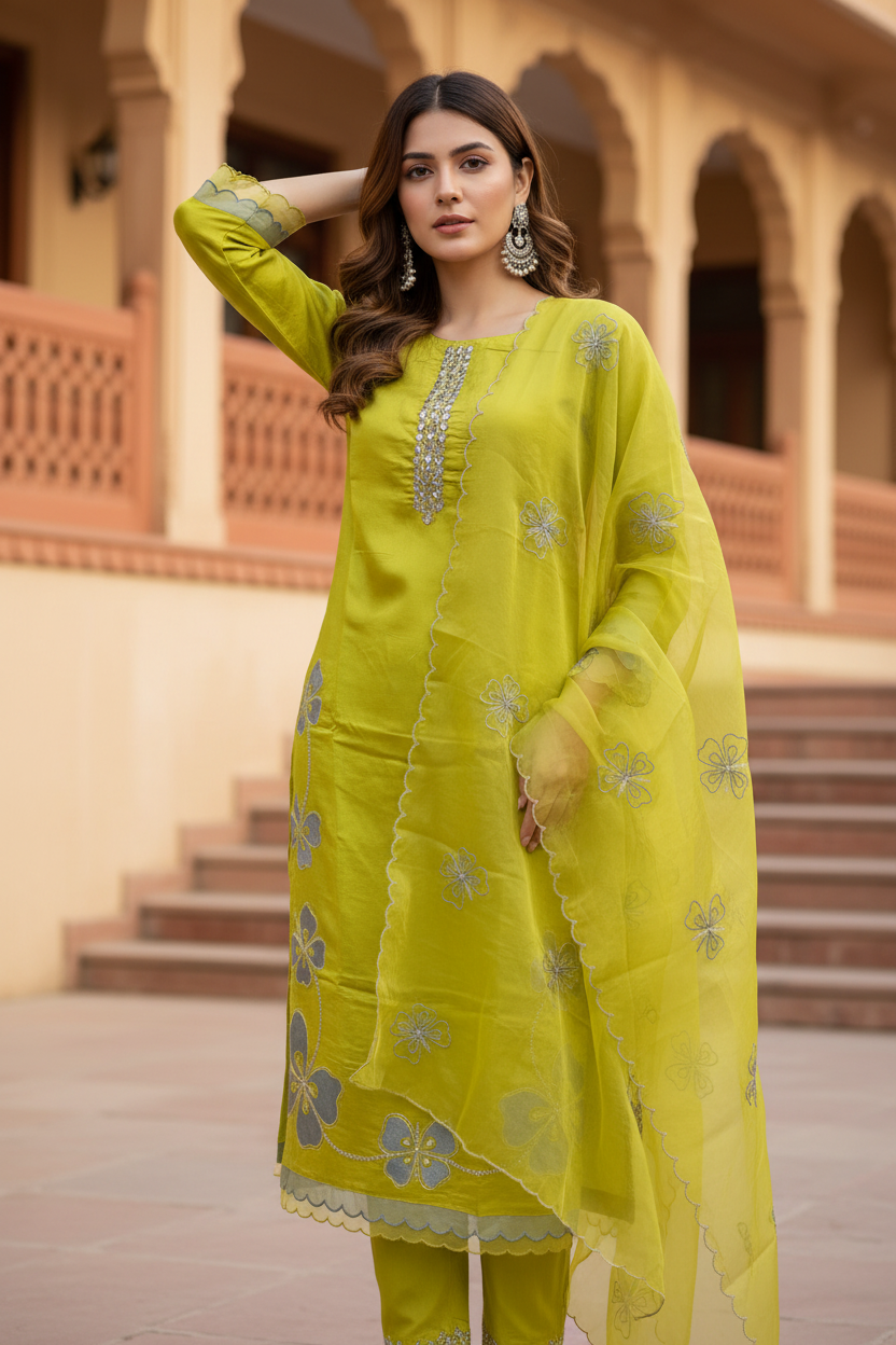 Pheran Women’s Lime Green Floral Embroidered Kurta Set with Dupatta (A2-9YE-95S)