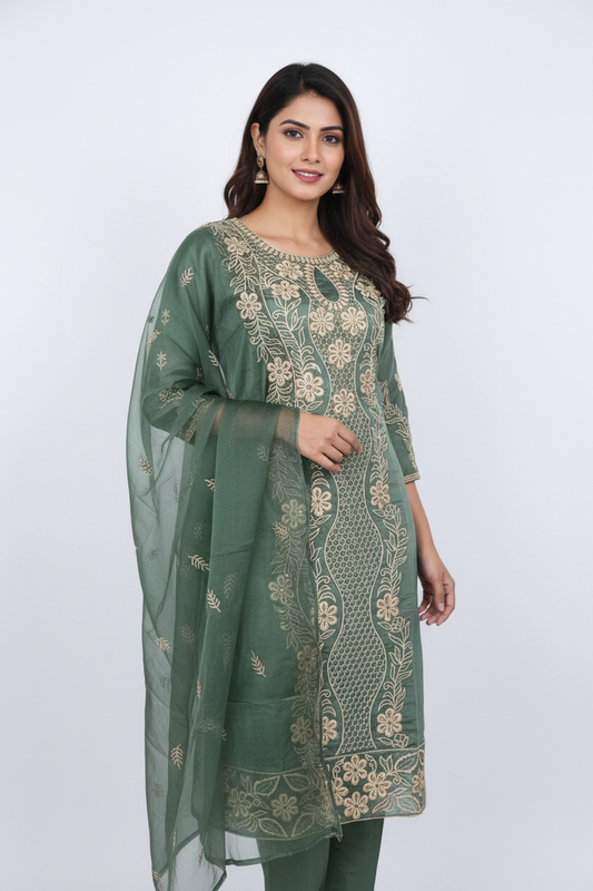 Pheran Olive Green Intricately Embroidered Kurta Set with Dupatta (A2-OG-SU)