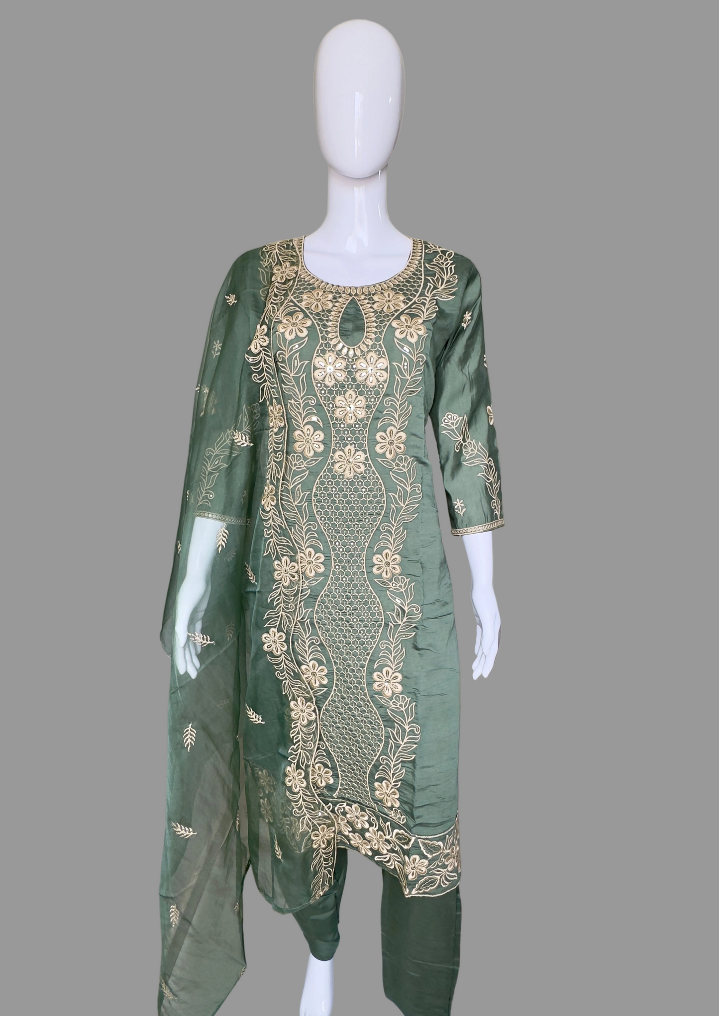 Pheran Olive Green Intricately Embroidered Kurta Set with Dupatta (A2-OG-SU)