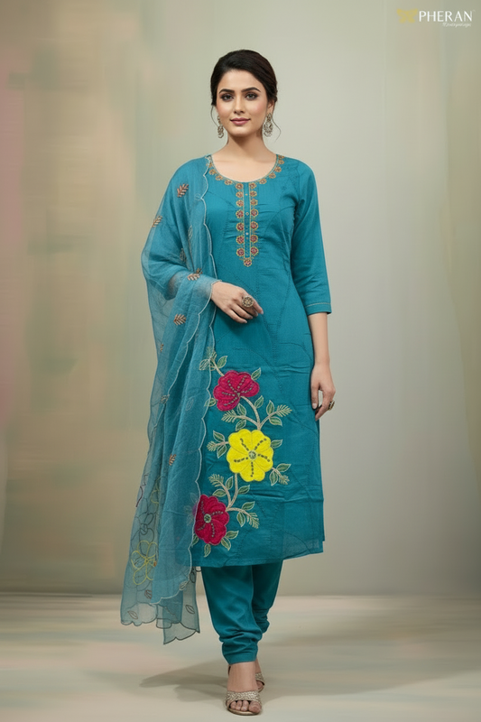 Pheran Teal Floral Embroidered Kurta Set with Organza Dupatta (A2-8TE-95S)