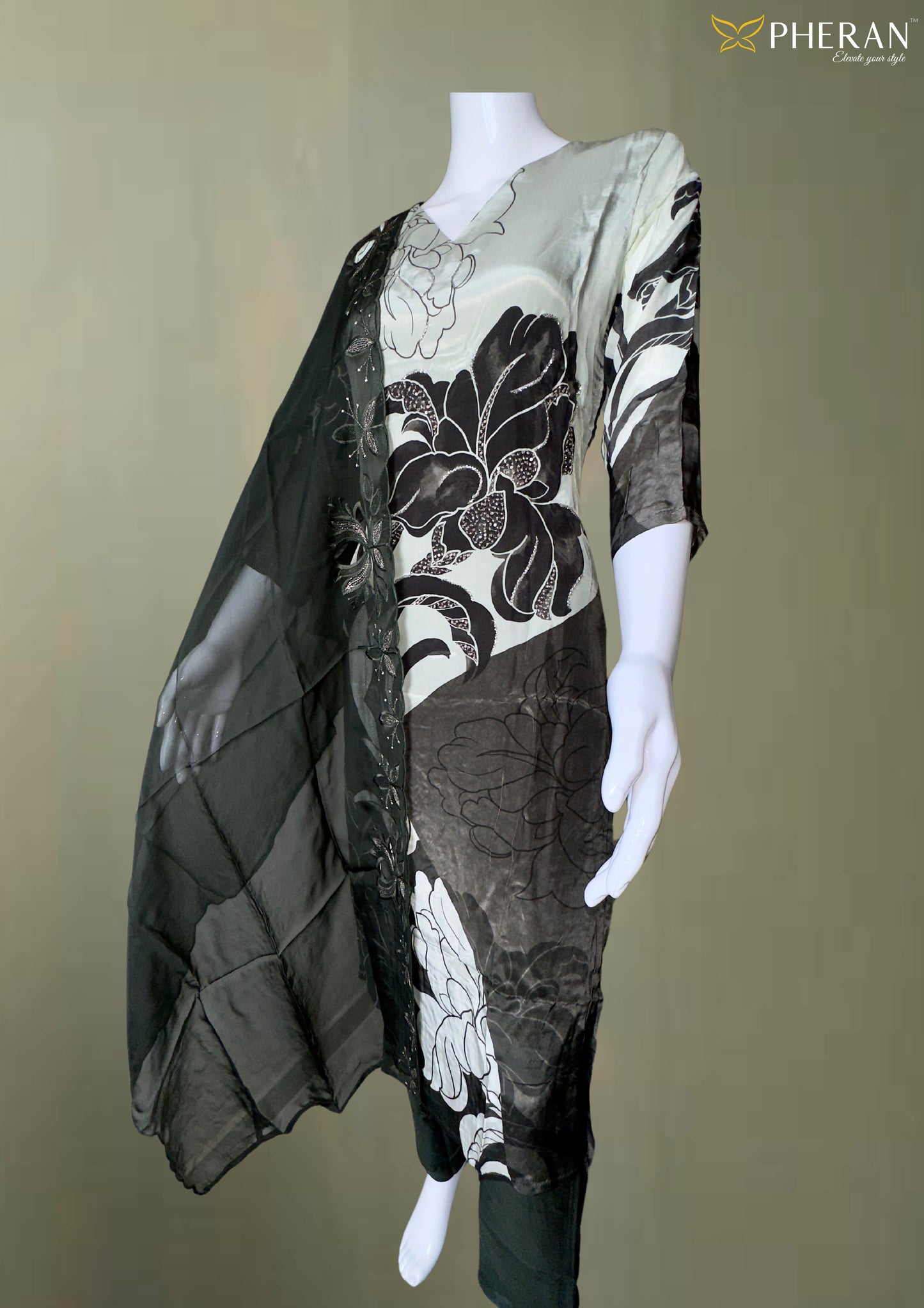 Pheran Green Floral Abstract Silk Kurta Set (BO-4107-GN)