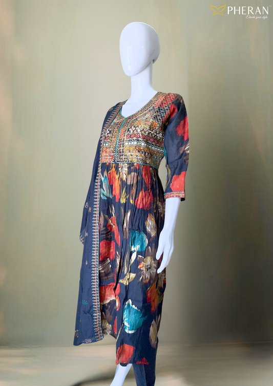 Pheran Navy Multicolored Printed Women's Anarkali Kurta Set with Dupatta (M4-2224-NM-AK)