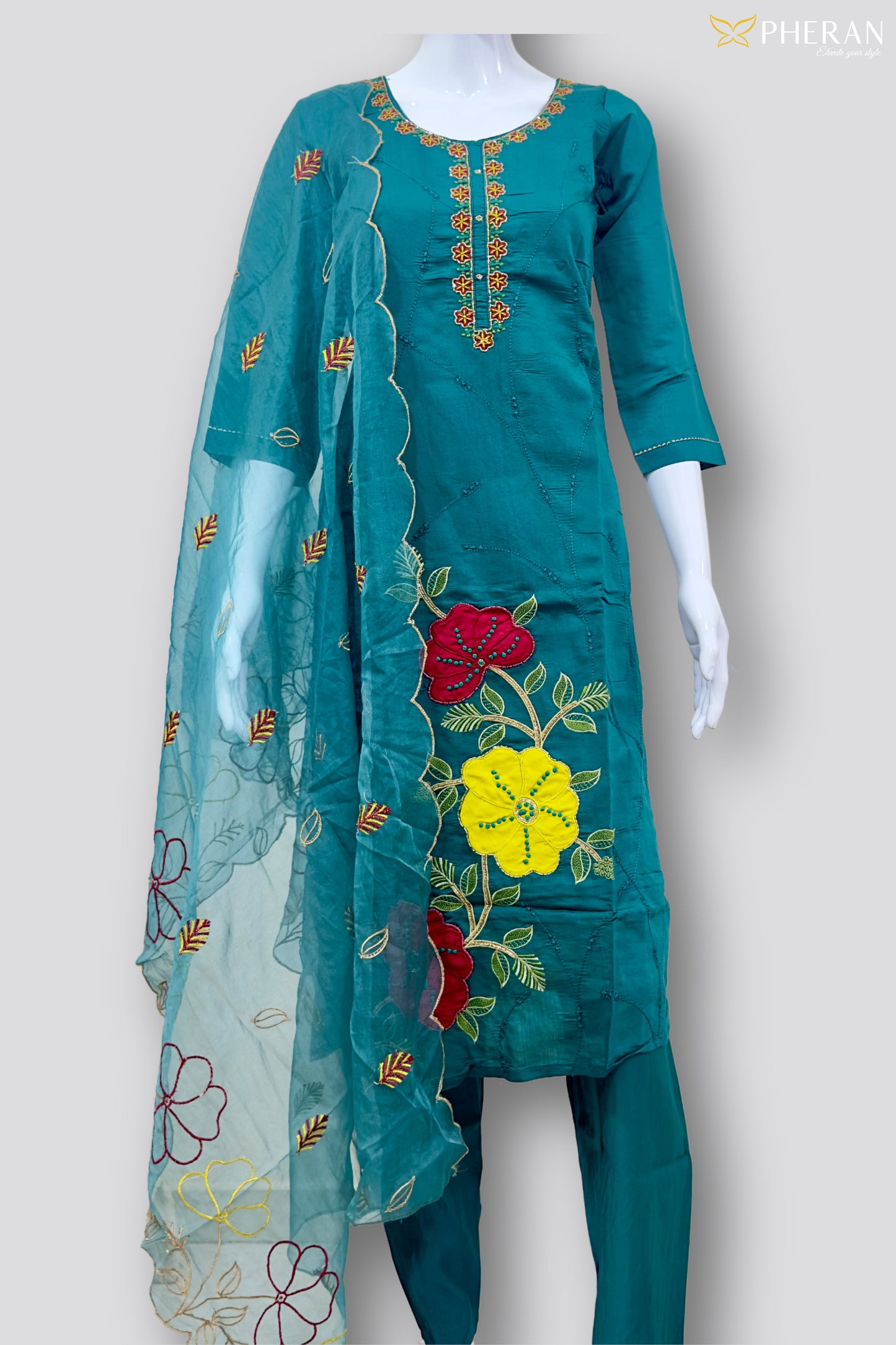 Pheran Teal Floral Embroidered Kurta Set with Organza Dupatta (A2-8TE-95S)