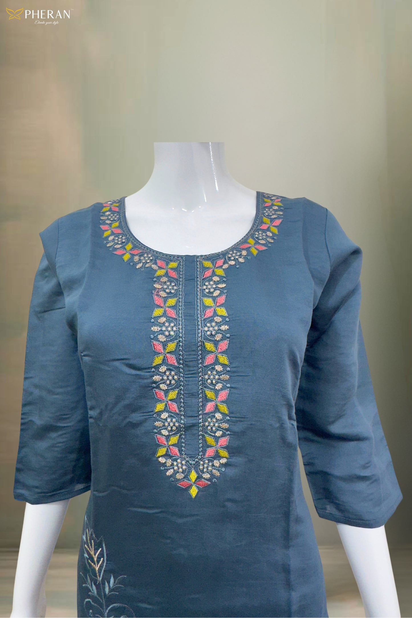 Pheran Slate Grey Embroidered Kurta Set with Organza Dupatta (A2-8GR-95S)