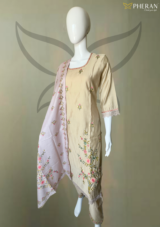 Pheran Beige Floral Embroidered Kurta Set with Light Pink Dupatta (A2-BEP-SU)