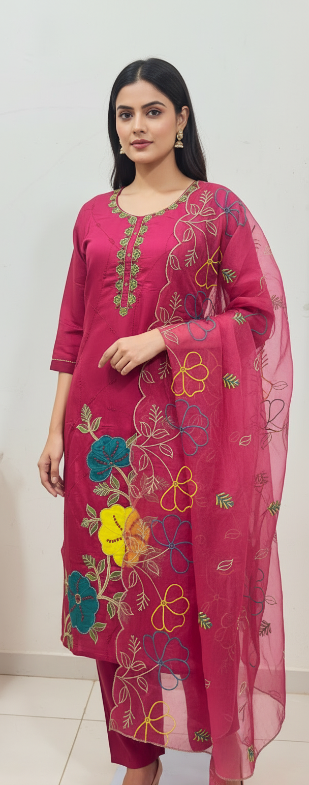 Pheran Pink Floral Embroidered Kurta Set with Organza Dupatta (A2-8PK-95S)