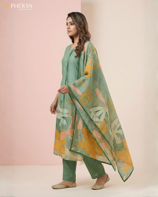Pheran Women's Sage Green Premium Silk Cotton Suit Set AM78