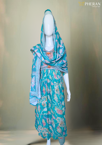 Pheran Premium Women's  Teal Floral Anarkali Suit (M4-1236-SB-AK)