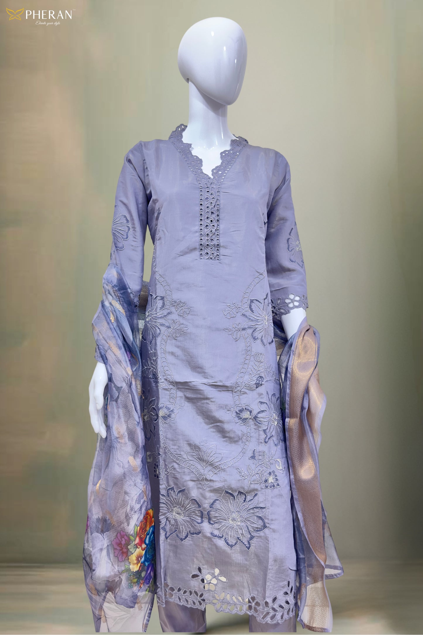 Pheran Women’s Lavender Cutwork Embroidered Kurta Set with Printed Dupatta (A2-2510-LV)