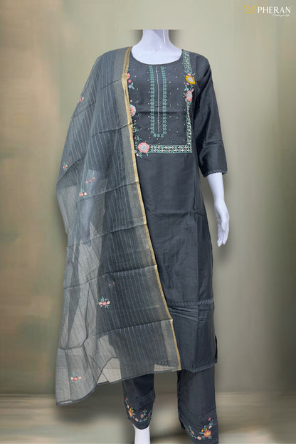 Pheran Charcoal Grey Floral Embroidered Kurta Set with Dupatta (SV-KL71-GR)