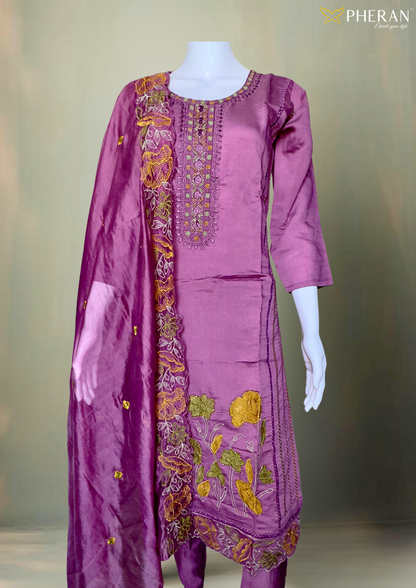 Pheran Lavender Floral Embroidered Kurta Set with Dupatta (A2-LV-SU)