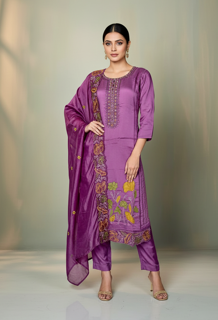 Pheran Lavender Floral Embroidered Kurta Set with Dupatta (A2-LV-SU)
