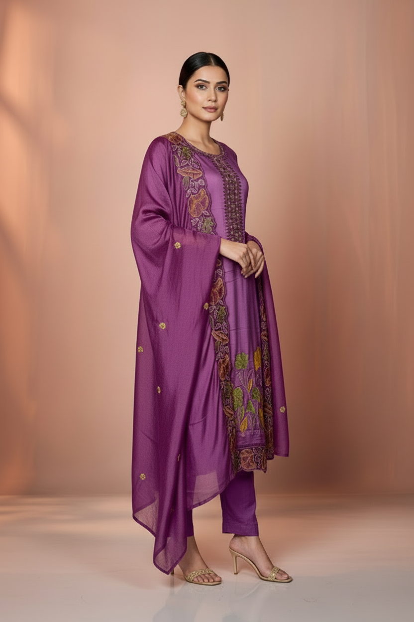 Pheran Lavender Floral Embroidered Kurta Set with Dupatta (A2-LV-SU)