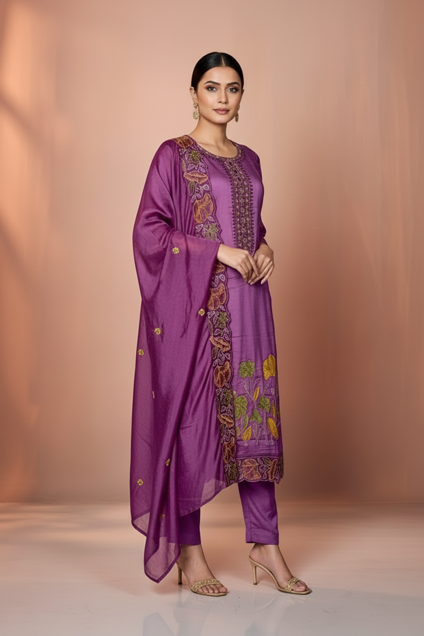 Pheran Lavender Floral Embroidered Kurta Set with Dupatta (A2-LV-SU)