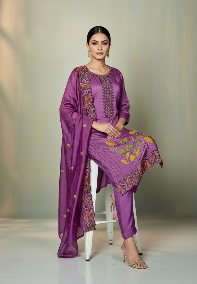 Pheran Lavender Floral Embroidered Kurta Set with Dupatta (A2-LV-SU)