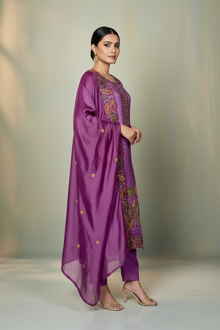 Pheran Lavender Floral Embroidered Kurta Set with Dupatta (A2-LV-SU)