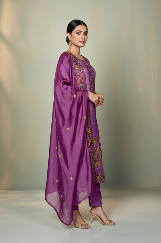 Pheran Lavender Floral Embroidered Kurta Set with Dupatta (A2-LV-SU)
