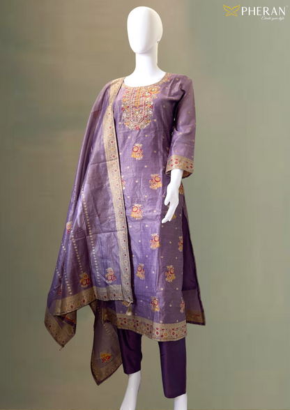 Pheran Exquisite Purple Embroidered Set (Kurta + Pant + Dupatta) BO-A1-0106
