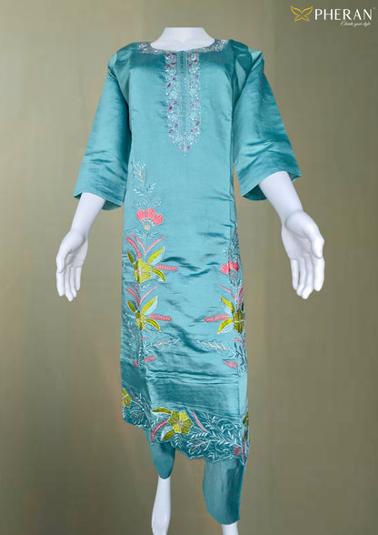 Pheran Teal Floral Embroidered Silk Blend Kurta Set with Organza Dupatta (A2-TGB-SU)