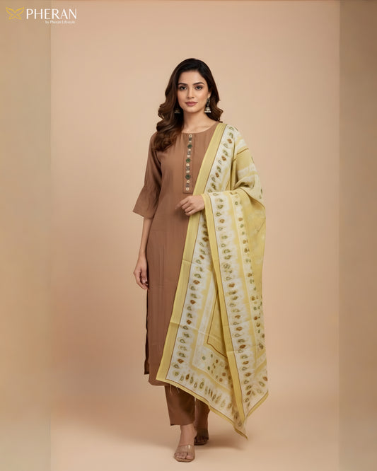 Pheran Women's Brown and Sunshine Print Modal Suit Set  AM85