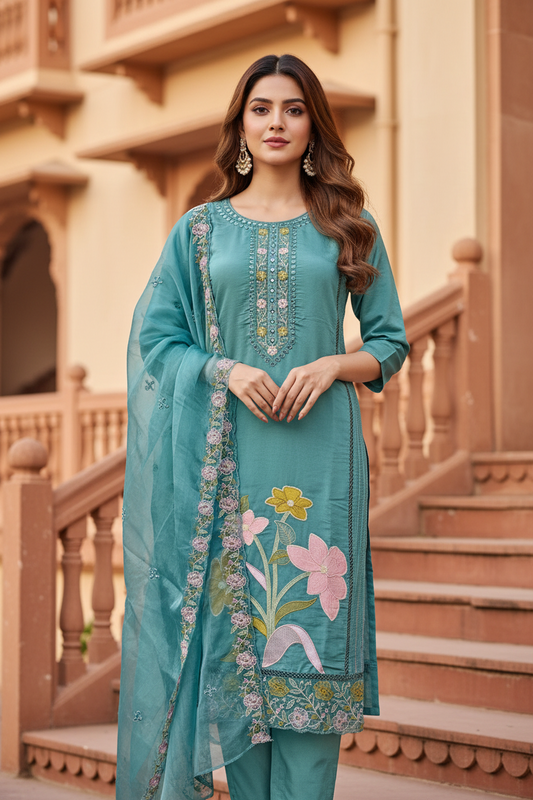 Pheran Teal Green Floral Embroidered Satin Silk Kurta Set with Dupatta (A2-TGS-SU)
