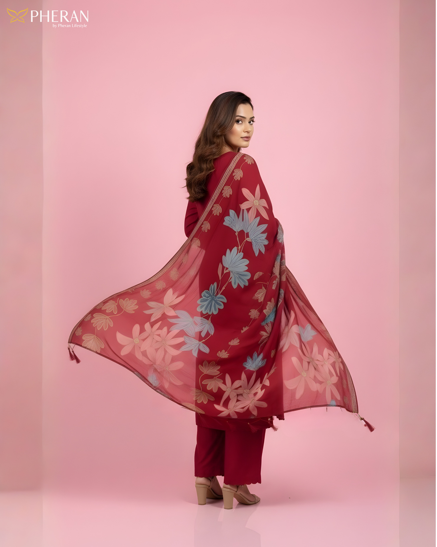 Pheran Women's Ruby Red Modal Suit Set with Floral Print Dupatta  AM75