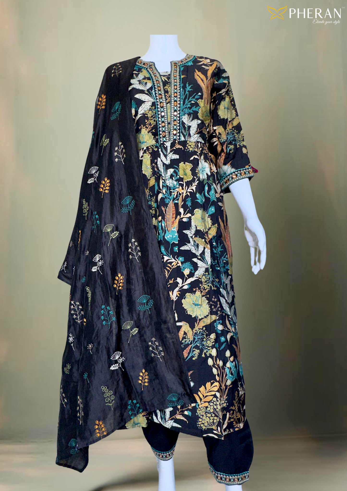 Pheran Black Floral Women's  Anarkali Kurta Set with Dupatta (M4-1973-BL-AK)