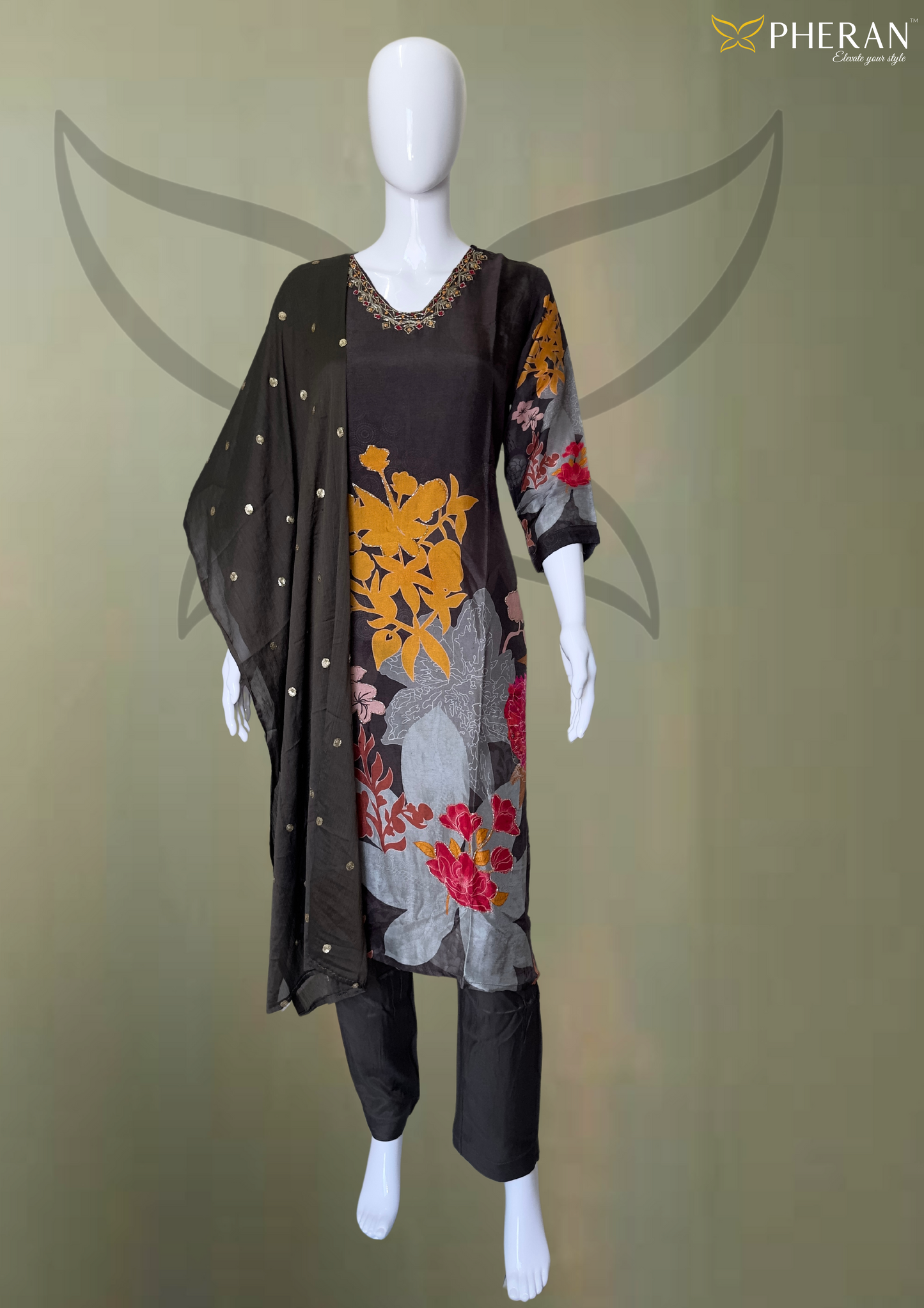 Pheran Black Floral Embroidered Silk Kurta Set with Dupatta (BO-FC-1034)