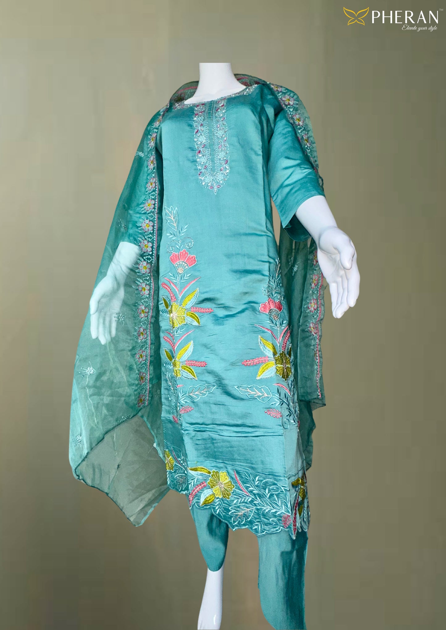 Pheran Teal Floral Embroidered Silk Blend Kurta Set with Organza Dupatta (A2-TGB-SU)