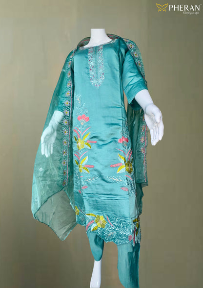 Pheran Teal Floral Embroidered Silk Blend Kurta Set with Organza Dupatta (A2-TGB-SU)