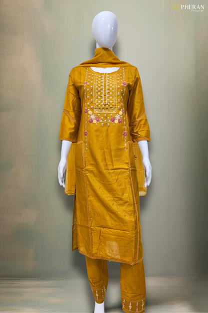 Pheran Mustard Yellow Floral Embroidered Kurta Set with Dupatta (SV-KL74-YL)