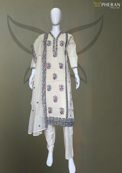 Pheran Ivory Cotton Floral Embroidered Kurta Set with Dupatta (BO-KR-CR)