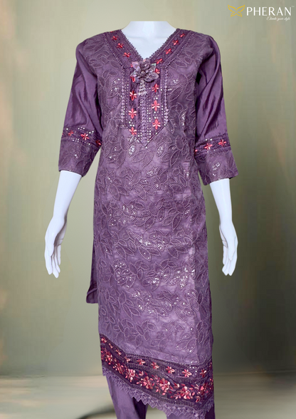 Pheran Mauve Or Purple Embroidered  Kurta Set with Dupatta (A2-PRM-SU)