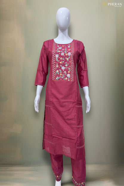 Pheran Deep Maroon Floral Embroidered Kurta Set with Dupatta (SV-KL72-MN)