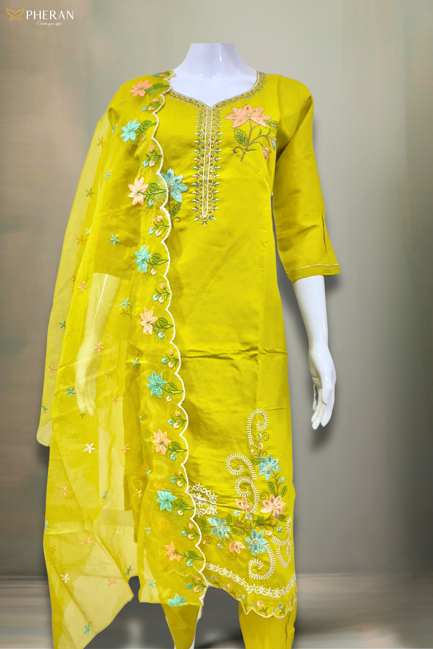 Pheran Women’s Lime Green Floral Embroidered Kurta Set with Dupatta (A2-2510-LG)