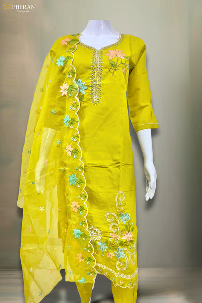 Pheran Women’s Lime Green Floral Embroidered Kurta Set with Dupatta (A2-2510-LG)